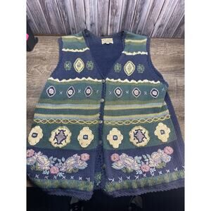 Susan Bristol Vintage Funky V Neck Knit Floral Beaded Sleeveless Sweater Vest